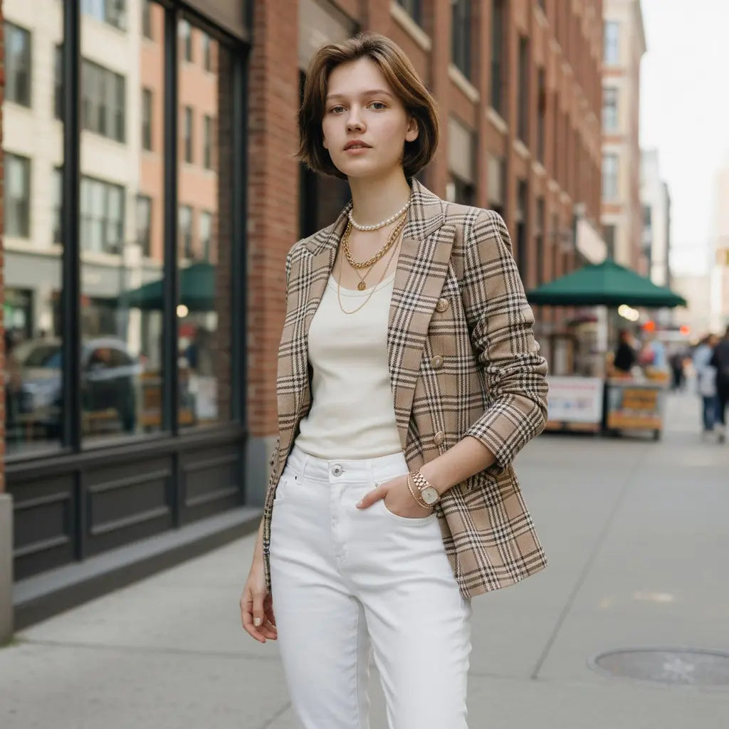 Woman in a plaid blazer and white pants standing on a city street.