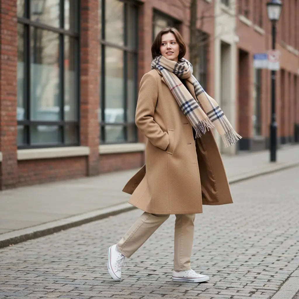 Woman walking on a street wearing a beige coat and scarf